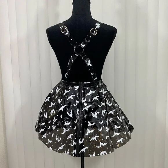 TRICKZ N TREATZ Bat My Lashes Print PVC Vinyl Mini Dress Bat Crescent Moon Black - Picture 11 of 14